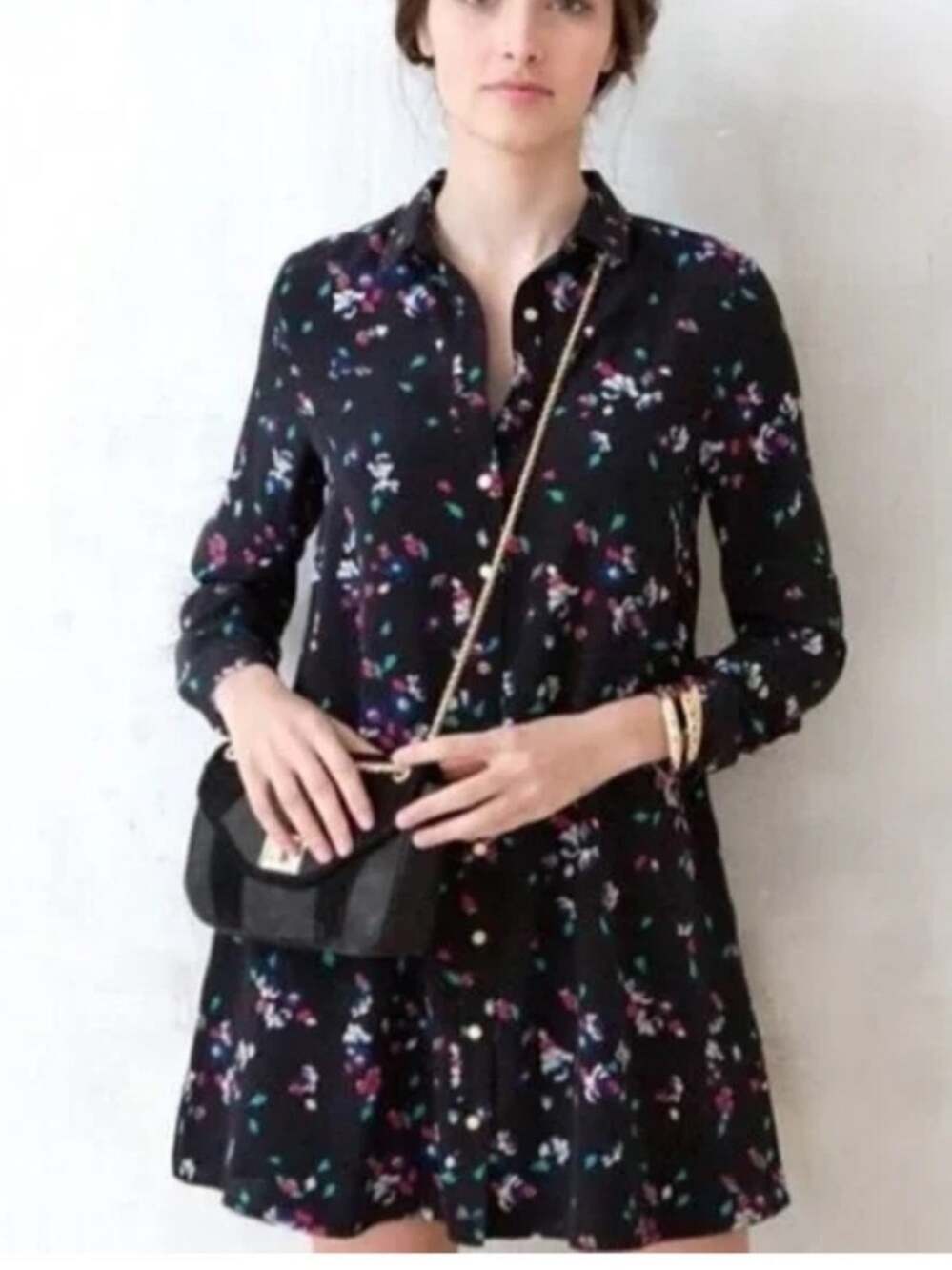 Sezane Paris Black FloralShirtdress Silk Button Up Long Sleeve medium autumn